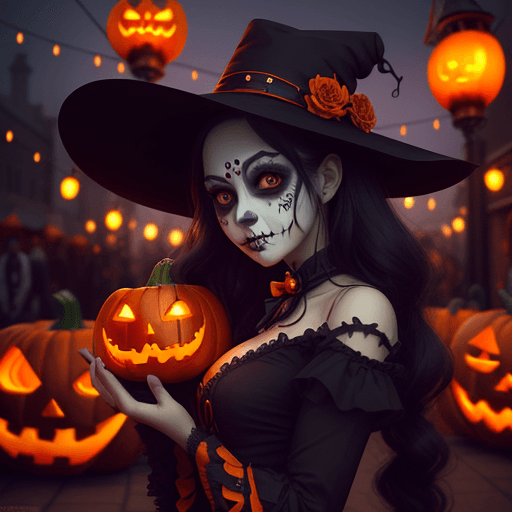 AI generated: niji style, a gorgeous day of the dead girl, steampunk city, halloween theme, jack-o'-lanterns, hall...