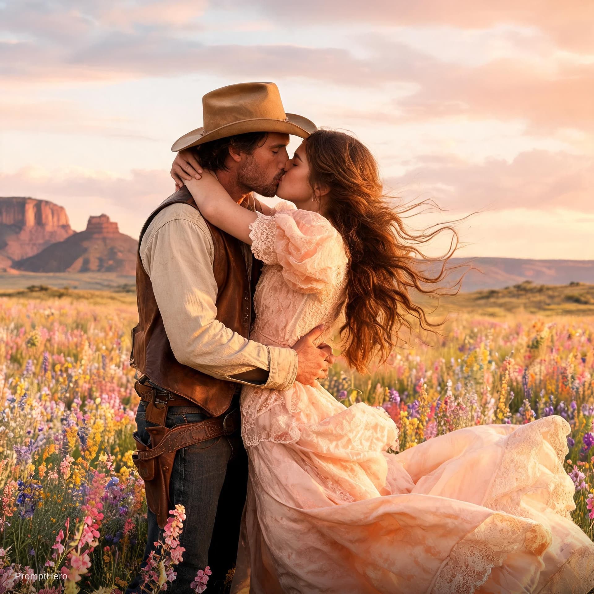 AI generated: Romance illustration, a couple sharing a passionate kiss, romance book, Wild west, set against a blo...