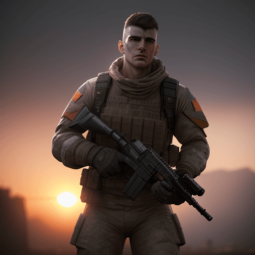 AI generated: Photo of a ultra realistic soldier, dramatic light, pale sunrise, cinematic lighting, battered, low ...