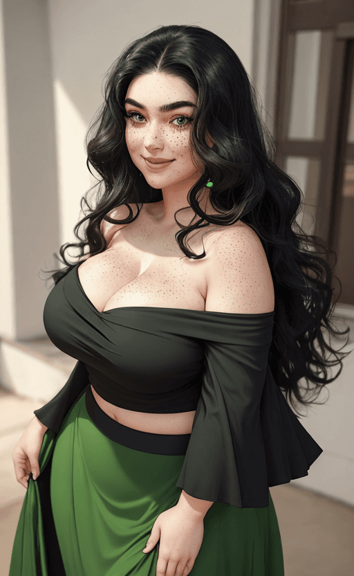 AI generated: curvaceous, full breasted woman, thick eyebrows, long wavy black hair, green eyes, full face, wearin...