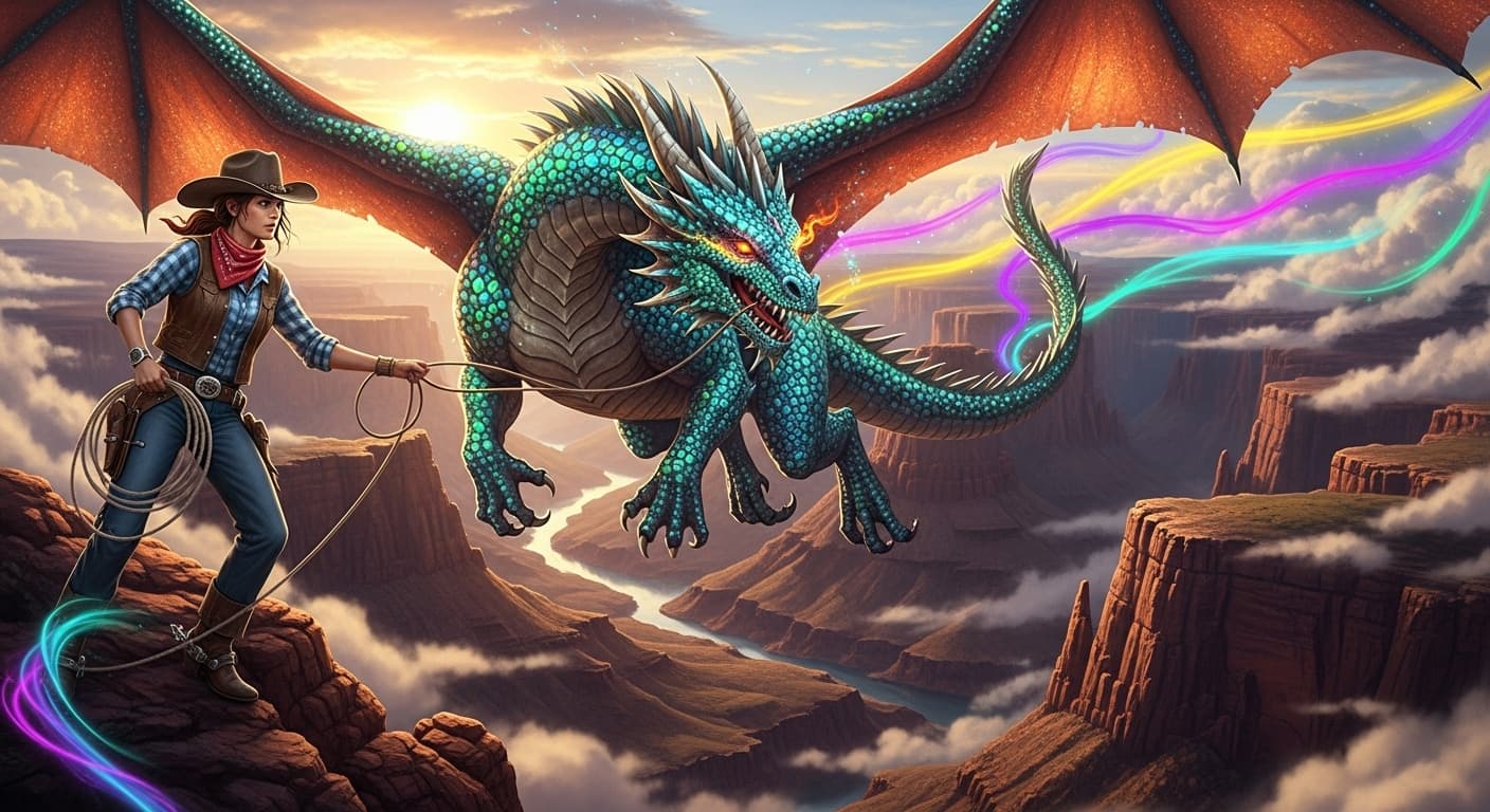 AI generated: A determined cowgirl riding a mythical, glittering dragon, flying over breathtaking canyons surround...