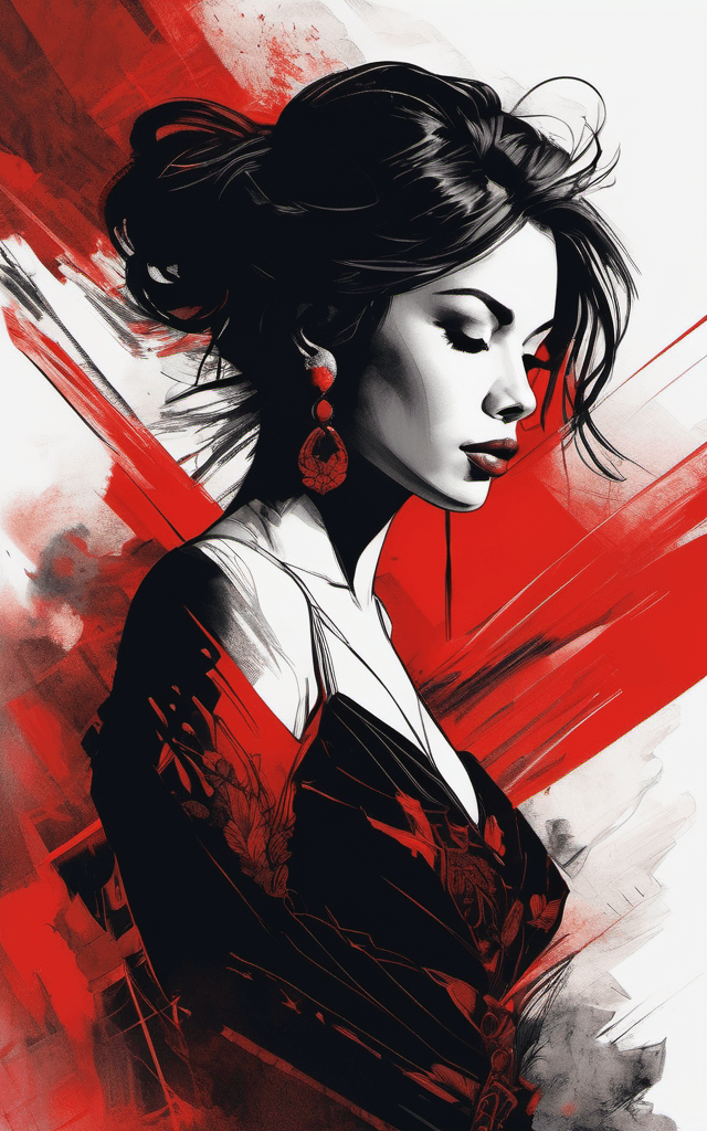 AI generated: stunning half body portrait of a beautiful young lady, elegant, black and red colors, minimalism, de...