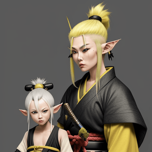 AI generated: samurai with elf ears gray skin yellow hair shaved on the sides old woman holding a green and black ...