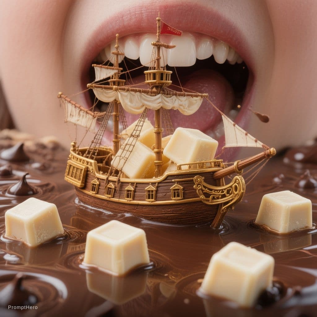 AI generated: cubes of white chocloates in a small ship floating in a pool of liquid dark chocolates and zooming o...