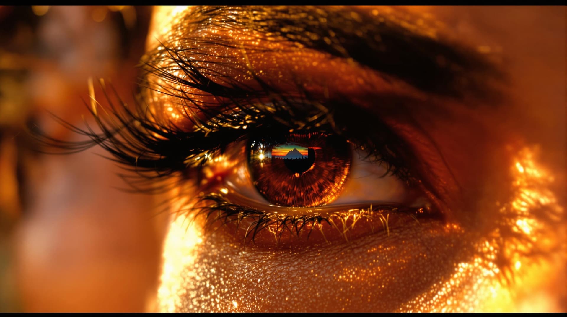 AI generated: 7.	Close-up of Parushat’s eyes, the reflection of the sunset glowing in her pupils. [Parushat: inten...