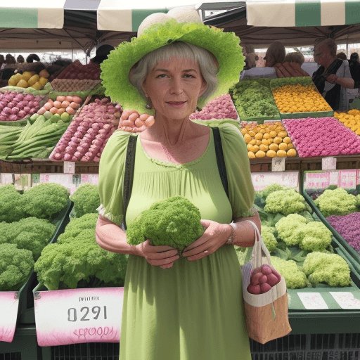 AI generated: Photo of a ultra realistic 50 yo woman wearing a bright green dress,  she is in an french open-air m...