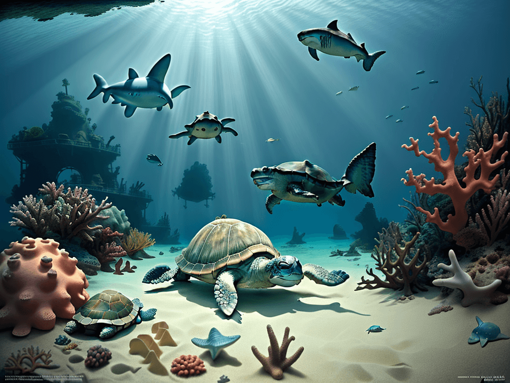 AI generated: Hyper realistic diving photo of an old wreck on the sand, happy baby turtle, fishes, sleeping shark,...