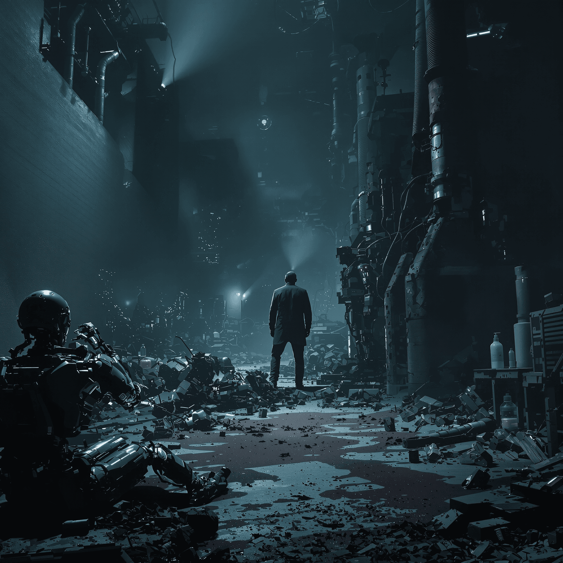 AI generated: Create an atmospheric highly realistic Minimalist sci-fi scene depicting a bleak future. Everything ...