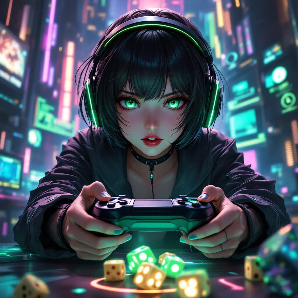 AI generated: Anime-style girl with short black hair and bright green eyes, wearing black and green futuristic hea...