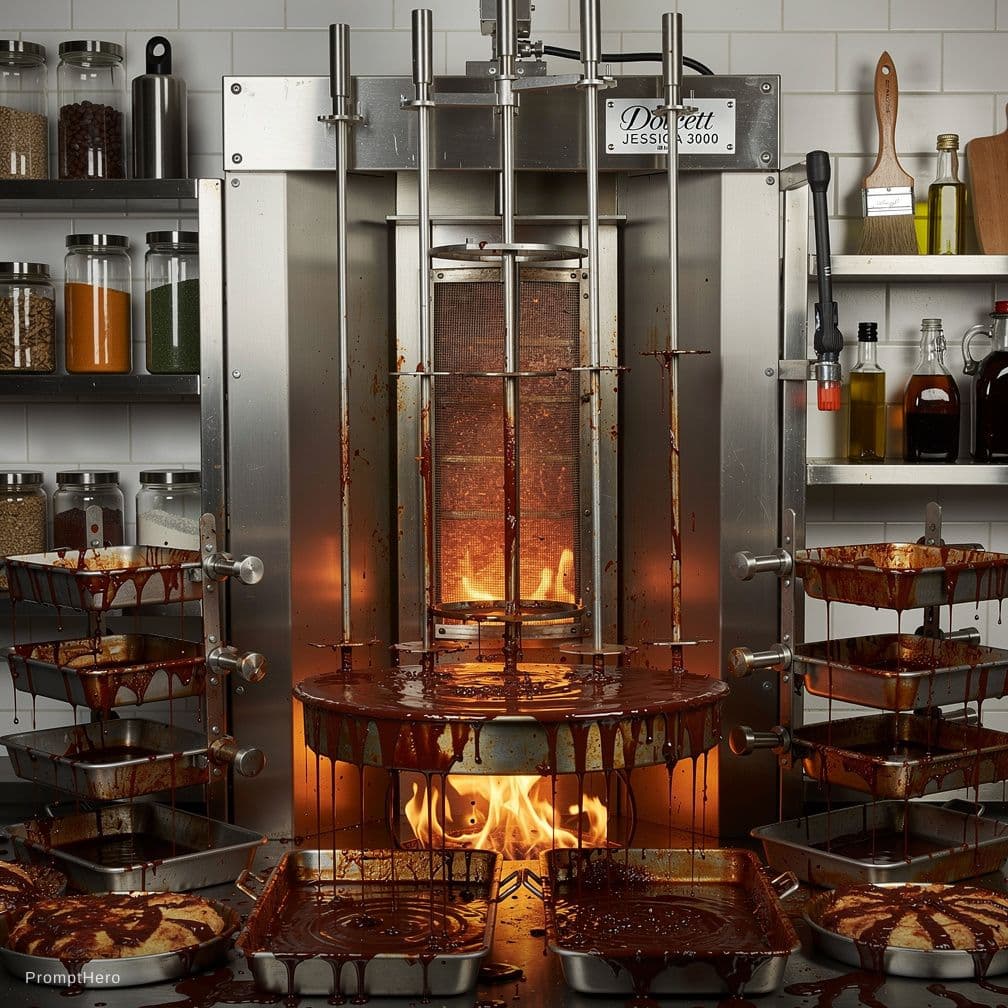 AI generated: woman spitroasted on a spit  , rotisserie  appear on rotissoire ,  rotisserie  appear on rotissoire ...