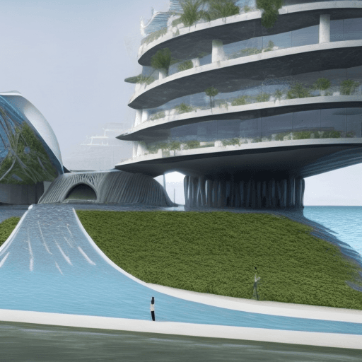 AI generated: architecture, water co-habitation, design, rising sea levels, conceptual, level changes, flowing, fr...