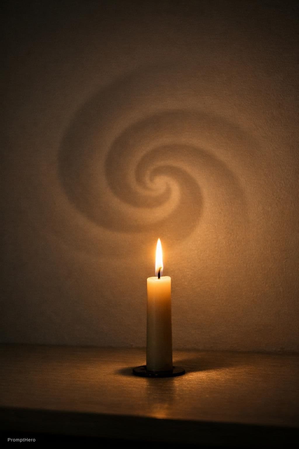 AI generated: A single candle flame in a dim room, its shadow subtly forming a spiral aura on the wall, evoking in...