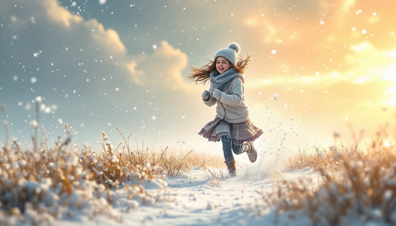 AI generated: a girl runs across a field and enjoys the snow, sings, plays the bandura