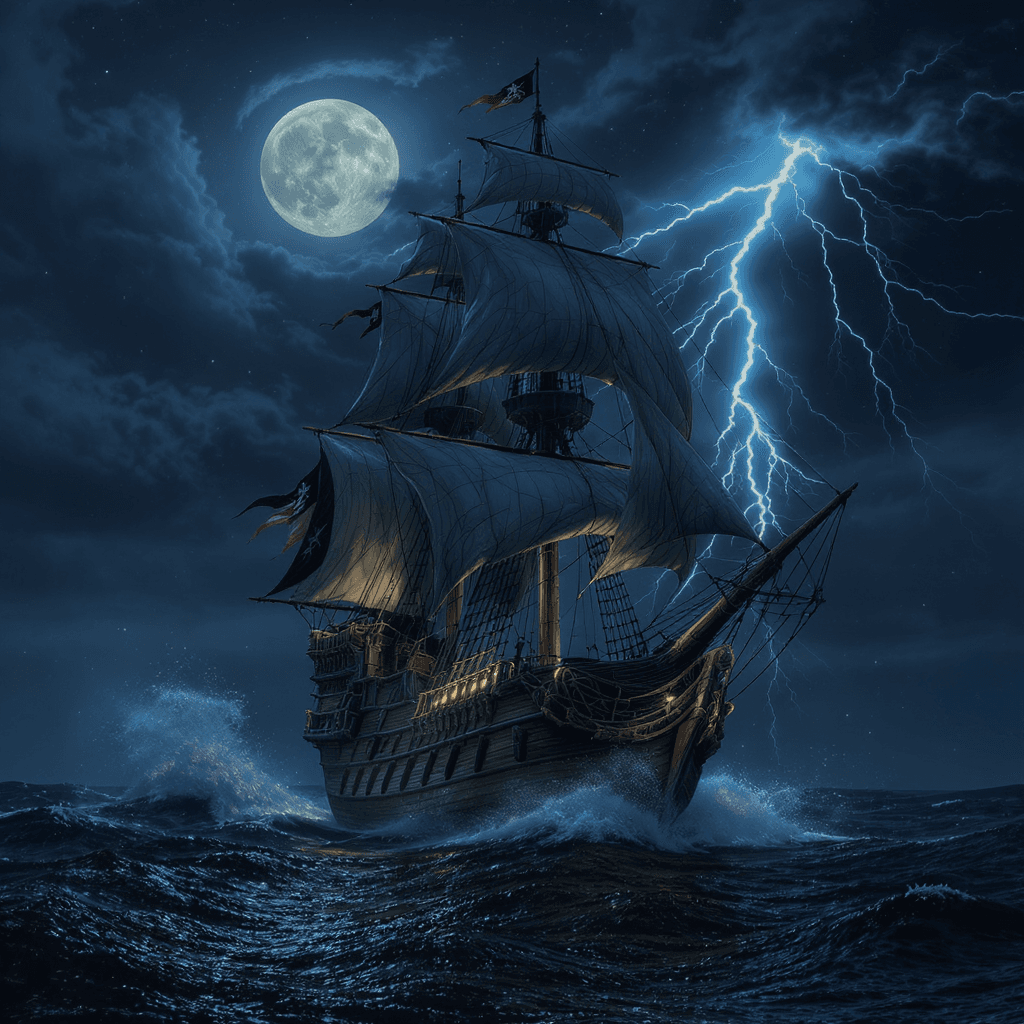 AI generated: -0-"A pirate ship sailing full mast under the moonlight, with giant waves and lightning illuminating...