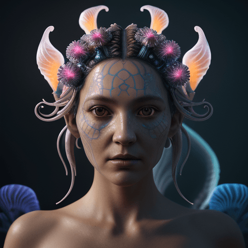 AI generated: Goddess close-up portrait ribcagel. jellyfish phoenix head, nautilus, orchid, skull, betta fish, bio...