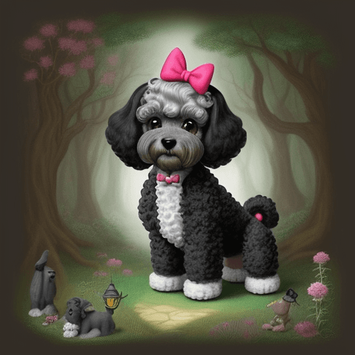 AI generated: Black cute friendly schnauzer-poodle dog, in whimsical forest inspired by alice in wonderland.