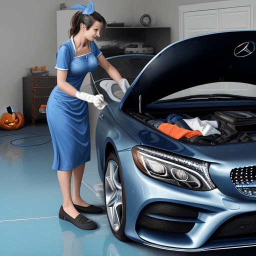 AI generated: High resolution photography, 
a cleaning woman in a Halloween costume, cleaning a car, using a micro...
