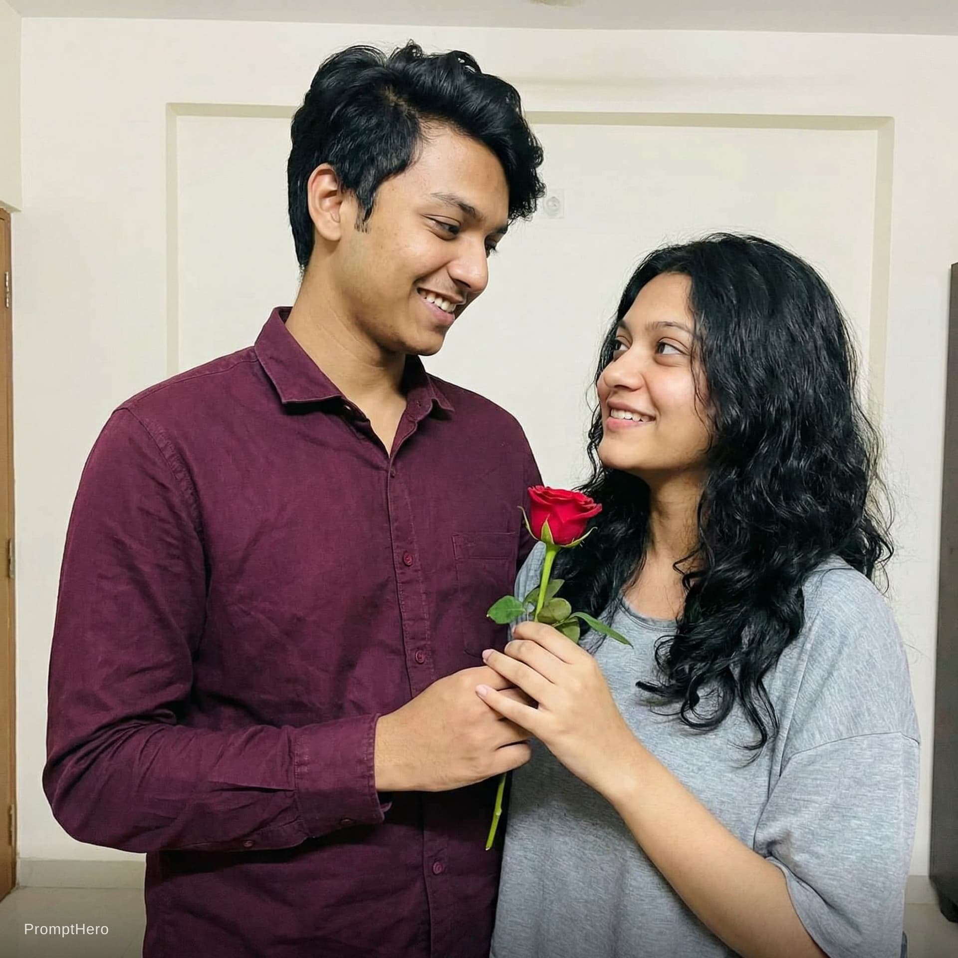 AI generated: Make this both photos standing together and boy give rose to her
With Good clarity 