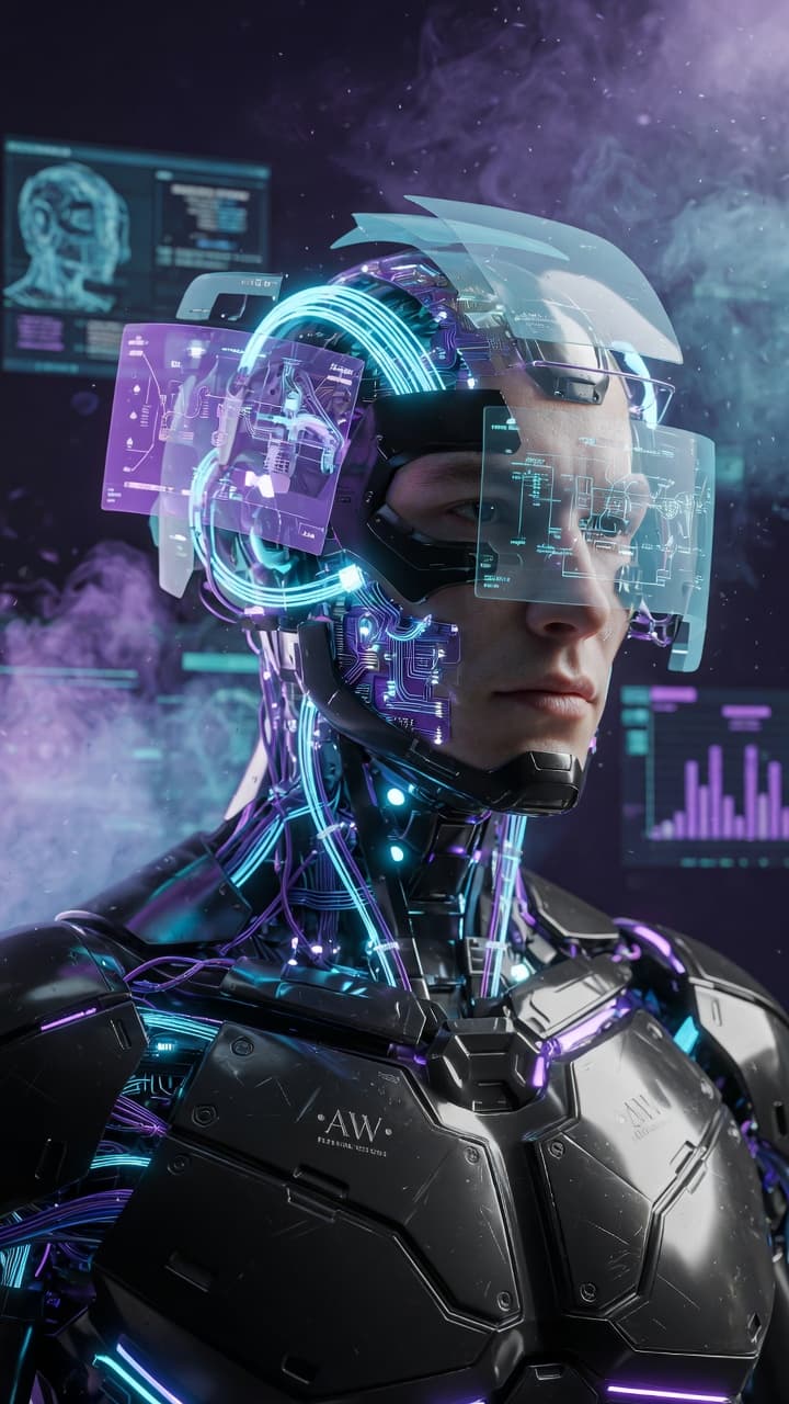 AI generated: 5"Masterpiece, best quality, ultra-photorealistic 8k portrait of a futuristic male cyborg, shoulder-...