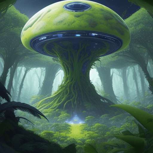 AI generated: A vibrant alien forest teeming with unseen flora and fauna. The scent of alien fruits wafts through ...
