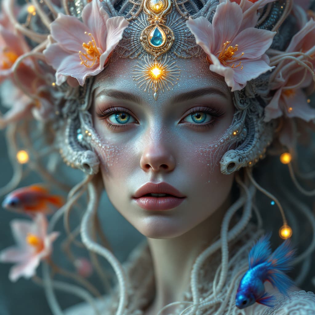AI generated: Goddess close-up portrait ribcagel. jellyfish phoenix head, nautilus, orchid, skull, betta fish, bio...