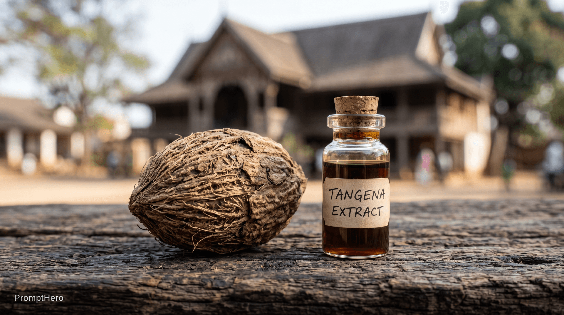 AI generated: A high-detail cinematic close-up of a single tangena nut (Cerbera manghas) and a small vial of dark ...