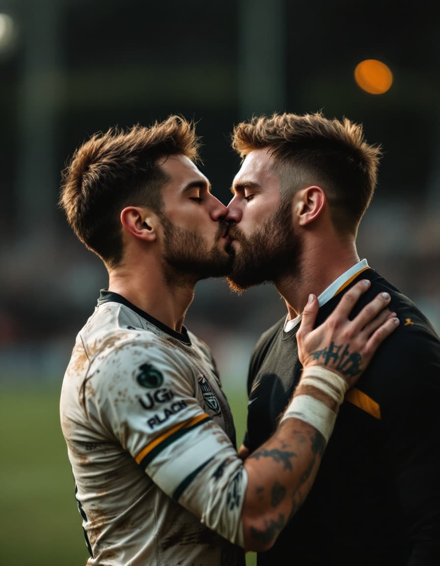 AI generated: two young, 18 years old, rugby men kissing on a rugby field