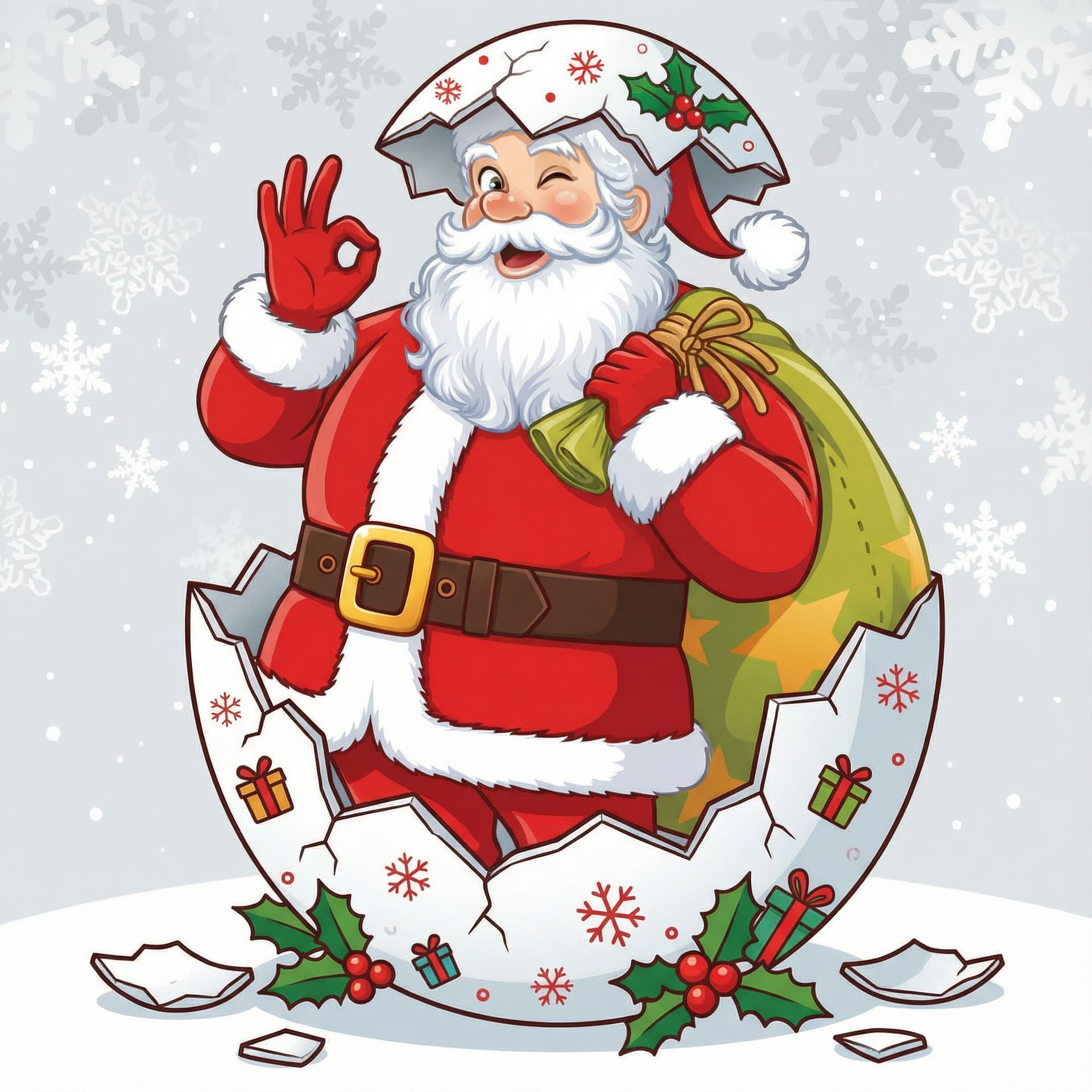 AI generated: Santa Claus fully visible from head to toe standing inside a small cracked eggshell, eggshell open a...