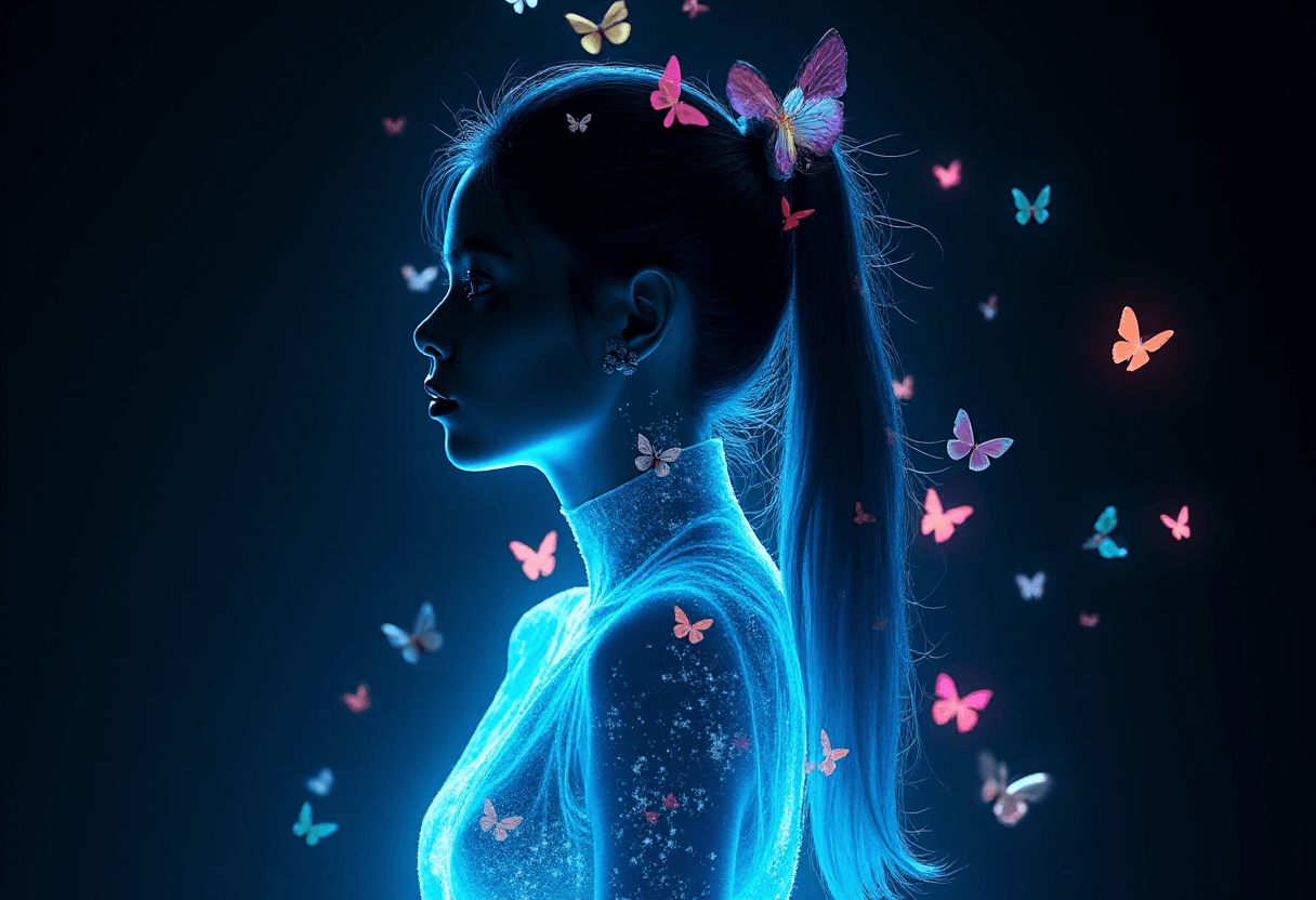 AI generated: An enchanting dark fantasy scene captures a semi-transparent woman very perfect mind formed woman bo...