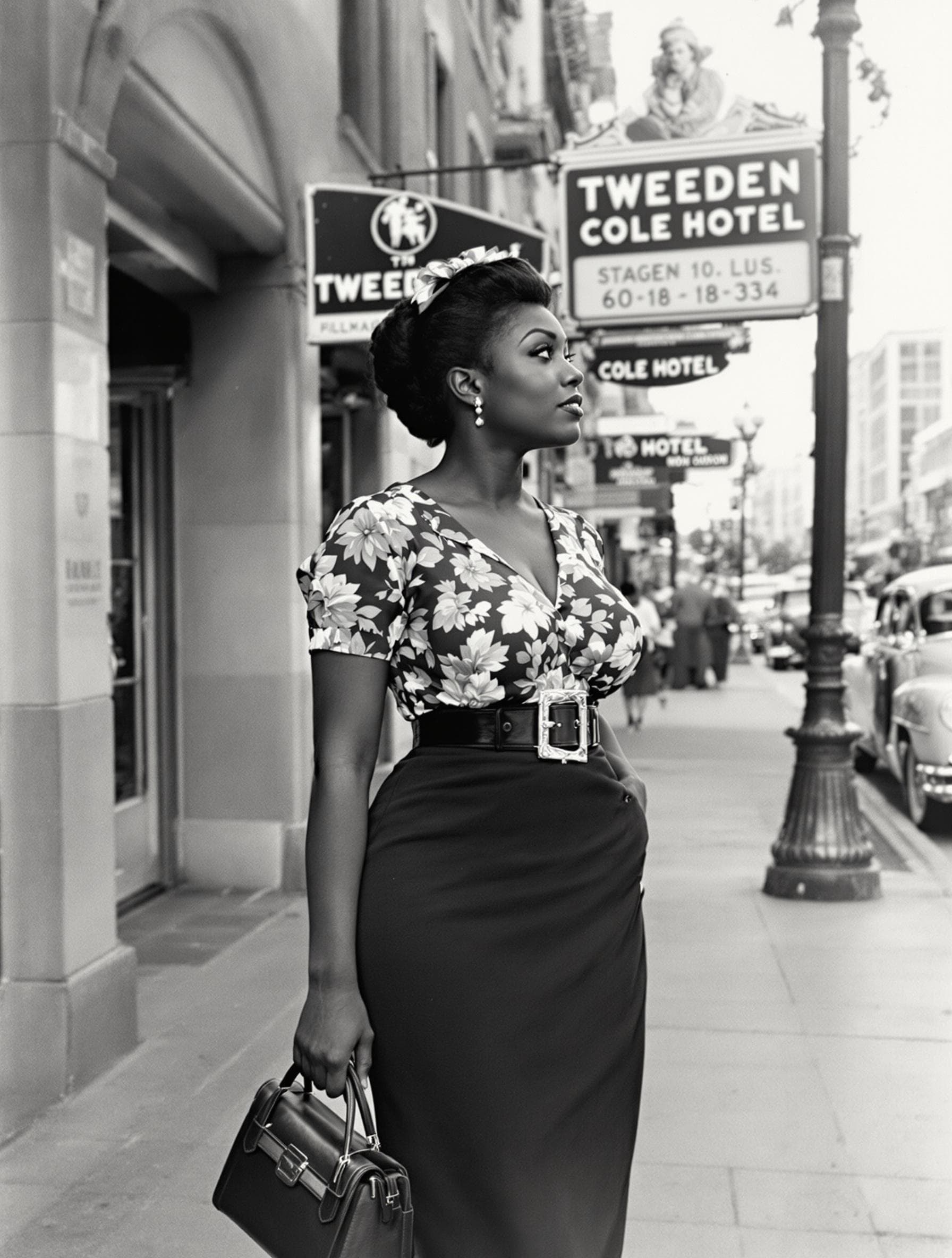 AI generated: a vintage black and white 1930s photo of an African American woman posing on a city sidewalk. She is...