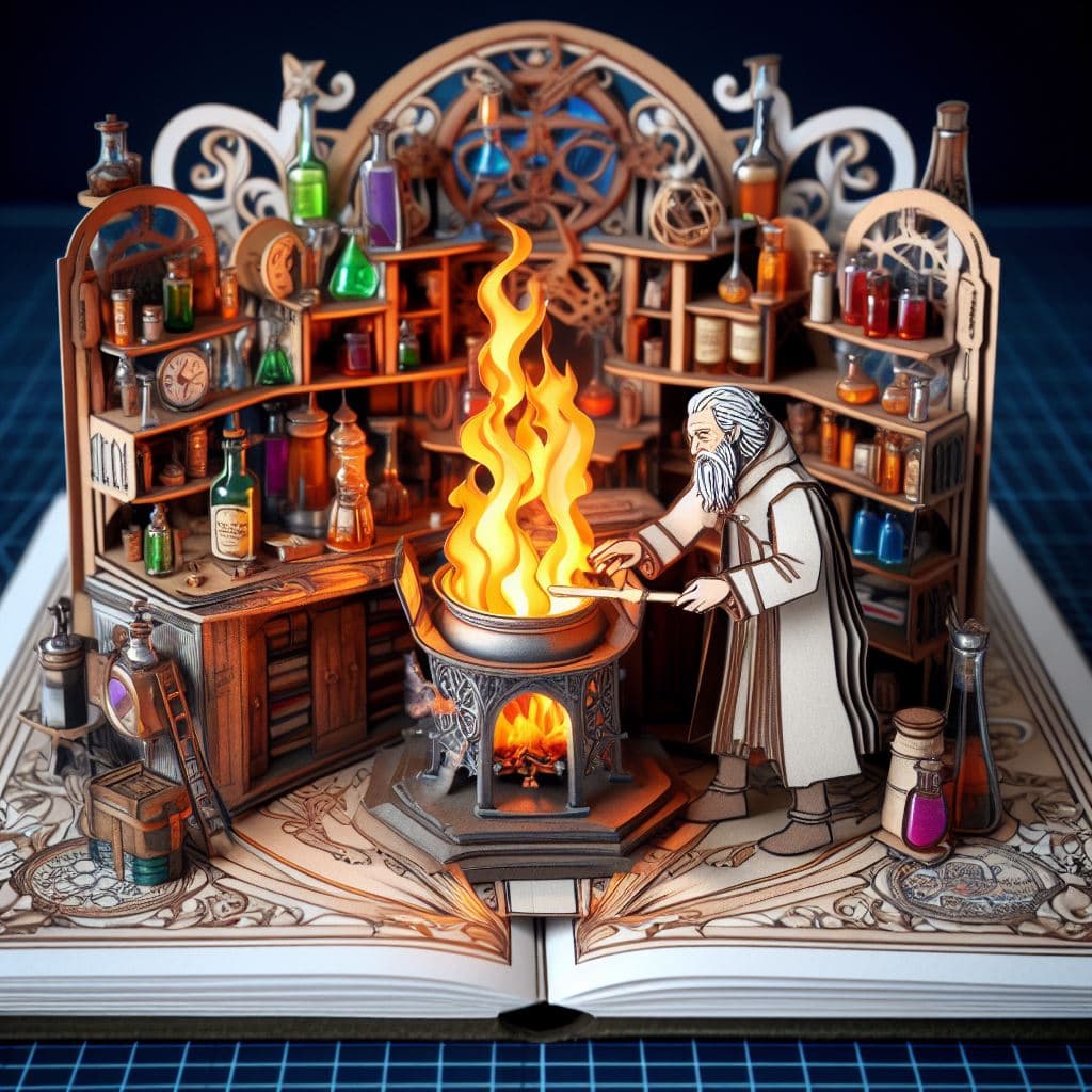 AI generated: pop-up book image of an alchemist in his laboratory, brewing potions with fire; intricate, detailed