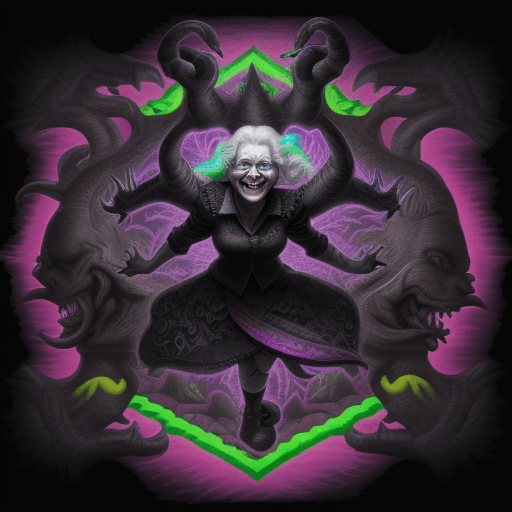 AI generated: Smiling Dark Grandma Fighting Monsters, A Dark Fantasy in Escher's Style, Neon Multicolored Graffiti...
