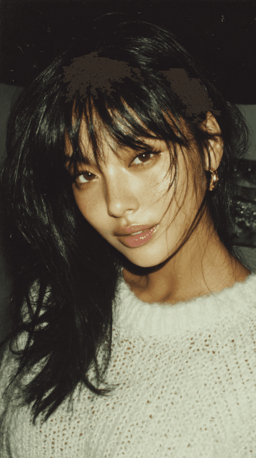 AI generated: Photograph of an Asian woman with long hair, bangs, and a white sweater, medium-length hair, natural...