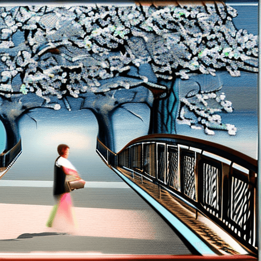 AI generated: two people walk the bridge under a large cherry blossom, in the style of atmospheric paintings, gray...