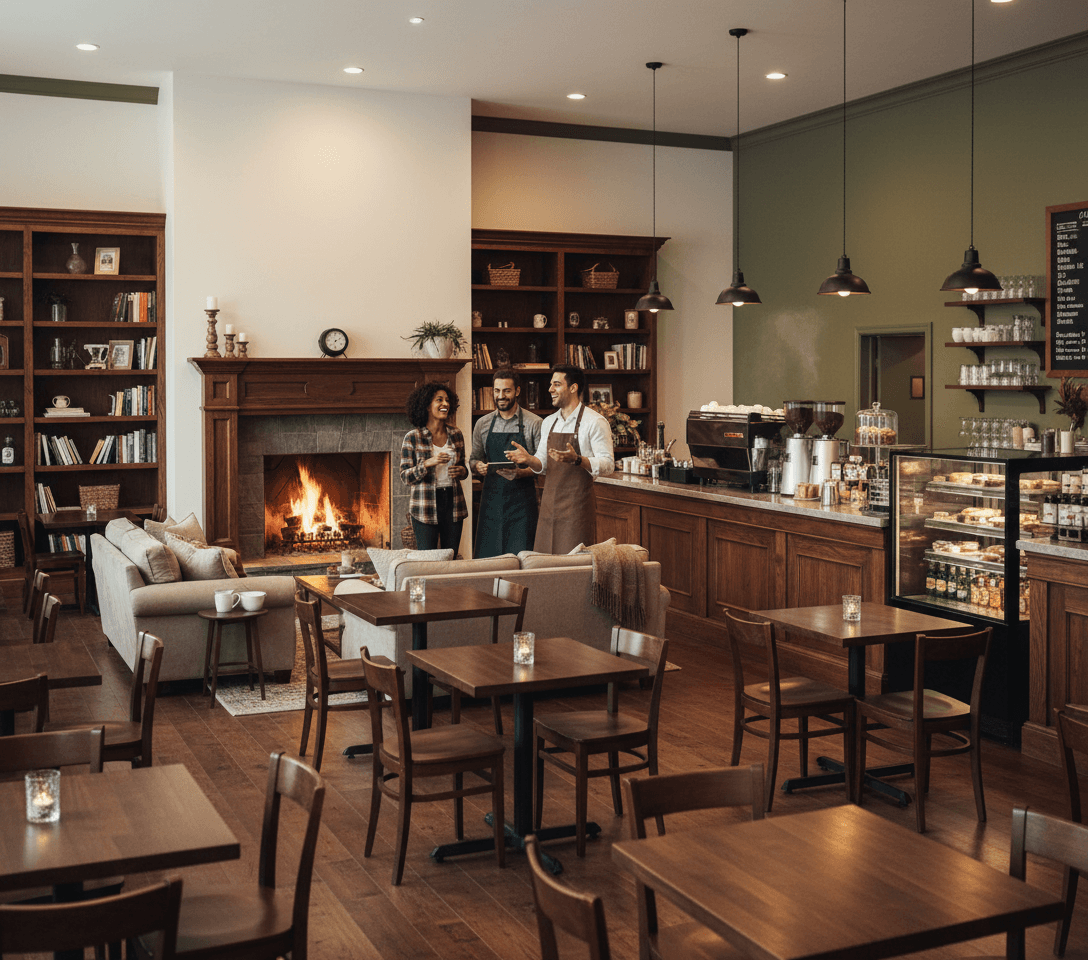 AI generated: Empty huge warmed- dark-wooden-style coffee shop, white and olive green walls, wooden tables and woo...