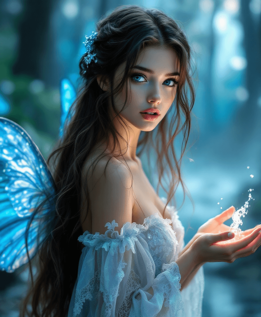 AI generated: A stunning fantasy image of an ethereal fairy princess she is (25-years-old) with glowing sapphire-b...