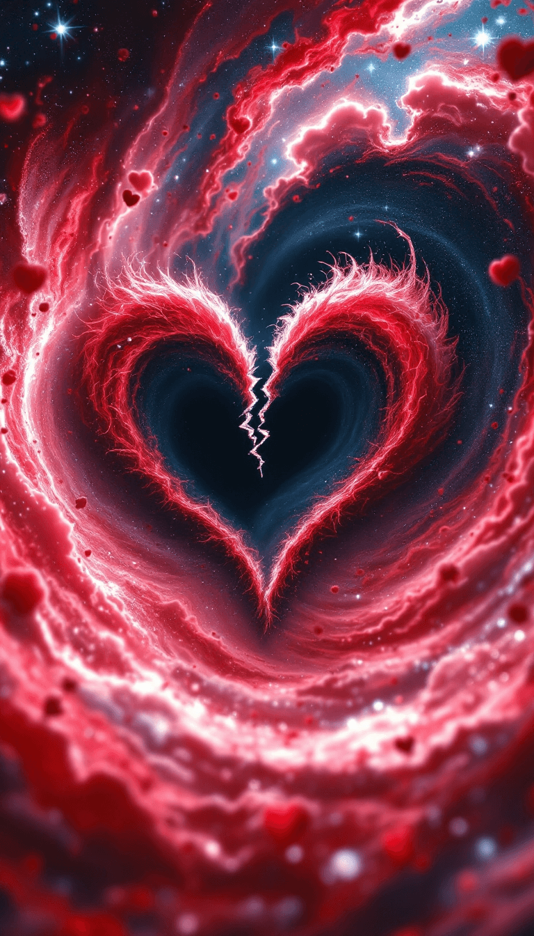 AI generated: (Loveheart Eye open) :: Swirling hyperrealistic hyperspatial vortex tornado of broken loveheart, eac...