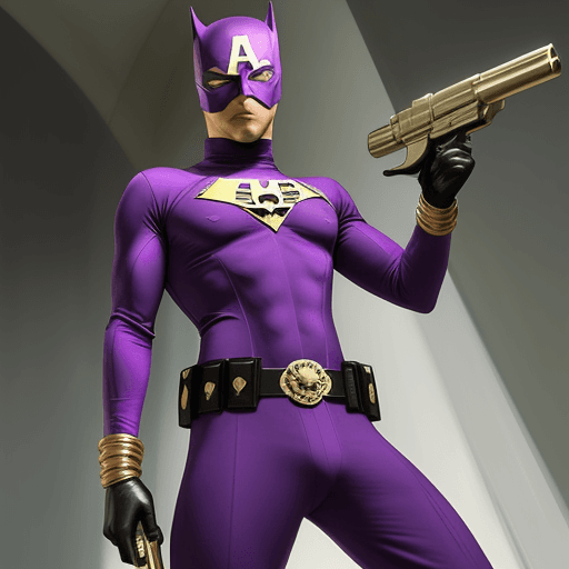 AI generated: BILLY ZANE IN A PURPLE SPANDEX SUIT ,WITH A PURPLE SUPERHERO MASK, HOLDING TWO 44 MAGNUM GUNS WITH A...