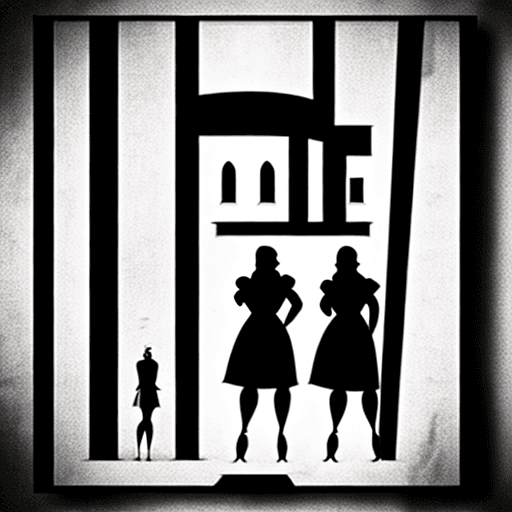 AI generated: Film noir style logo of female gangsters standing in front of a tall building. menacing. film noir. ...