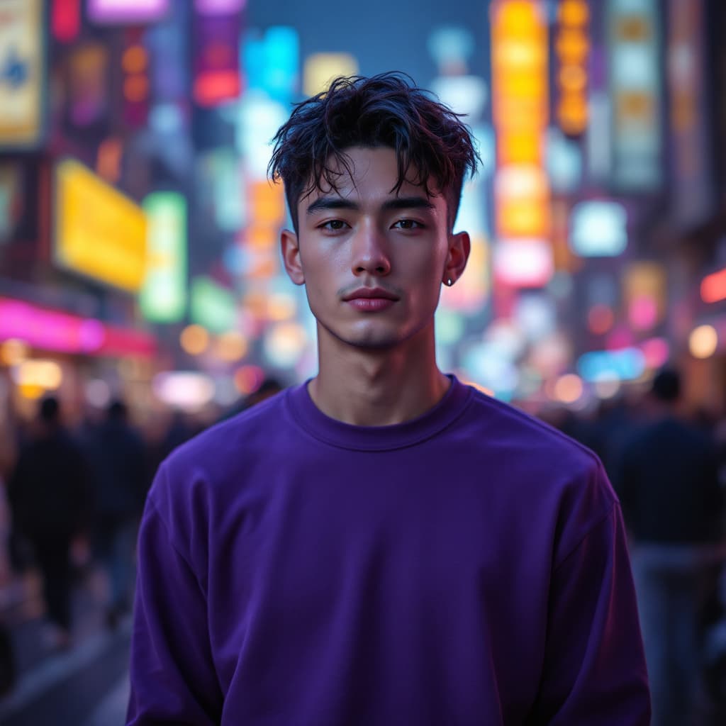 AI generated: a extremely handsome young man in a purple top in a neon city, in the style of chinapunk, iconic alb...