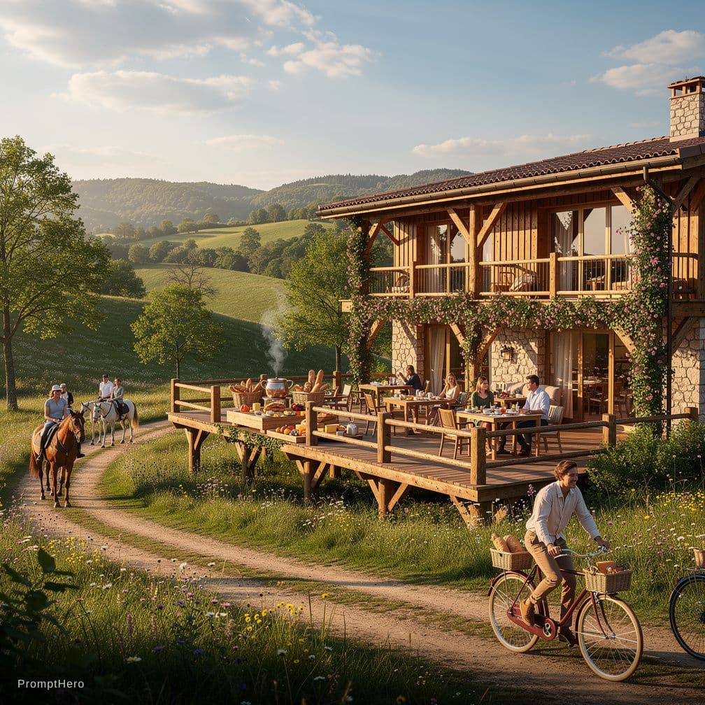 AI generated: A luxurious boutique hotel in the lush green countryside, wide-angle establishing shot. In the foreg...