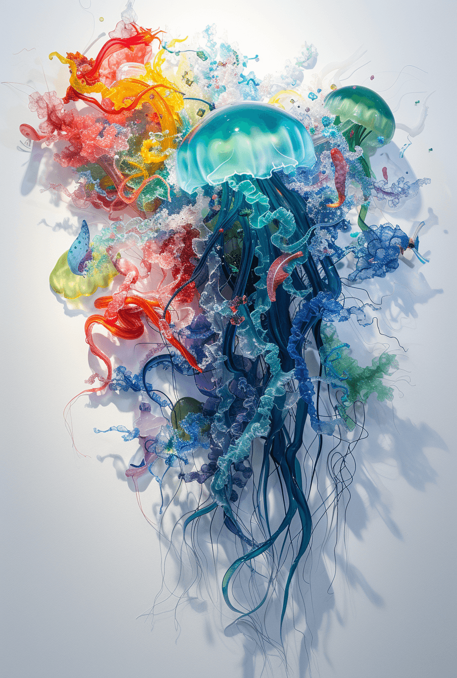 AI generated: a 3d painting of jellyfish with colorful fish and clouds, in the style of dark and chaotic, light bl...