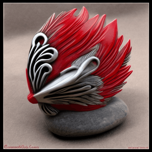 AI generated: phoenix cartoon like. Plying with stone cylindar. Red color of feathers
