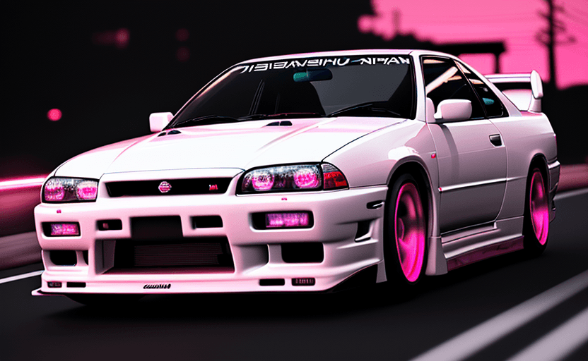 AI generated: white Nissan Skyline R33 GTST with neon light accents, cinematic view, pinkish red headlights, and u...