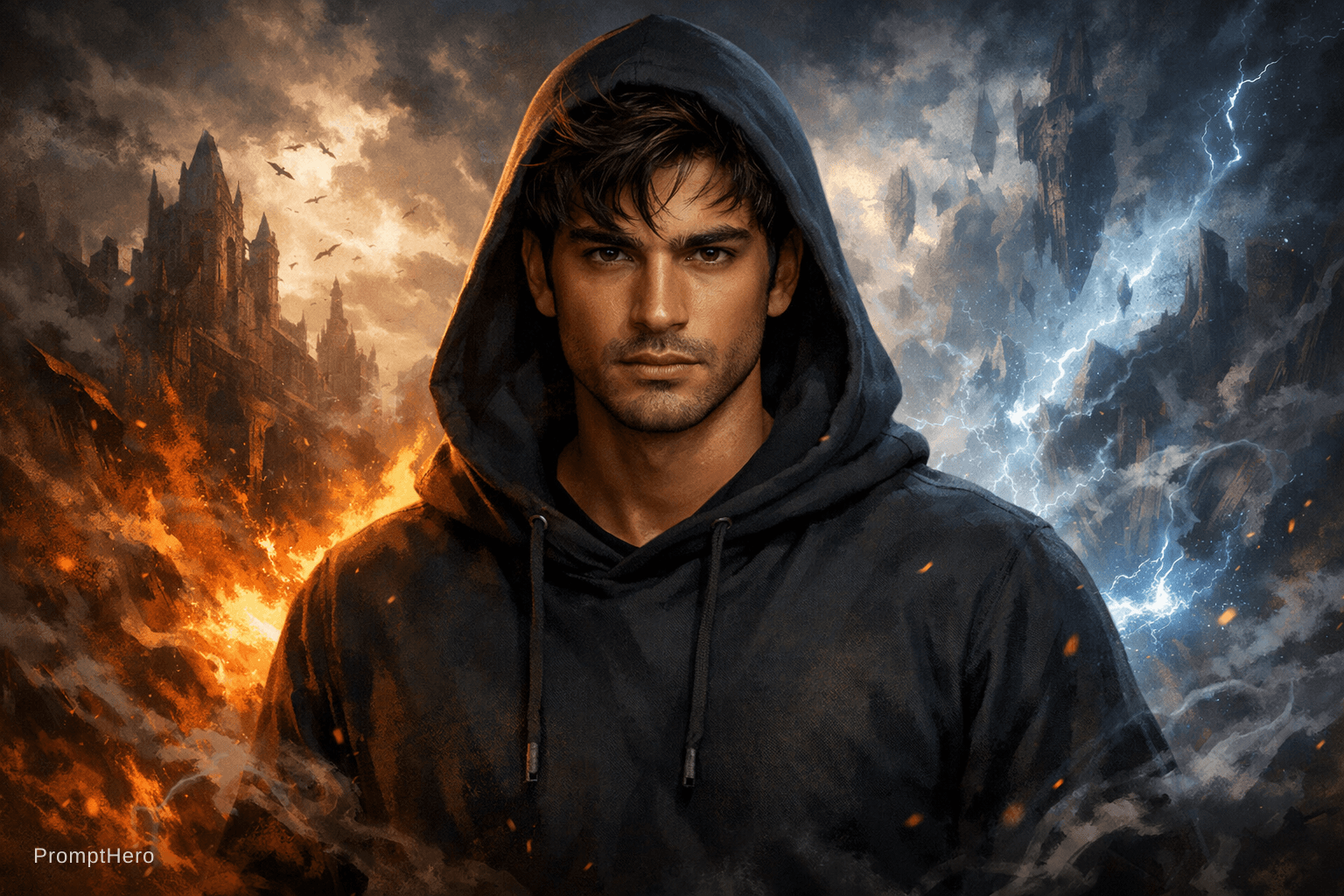 AI generated: digital fantasy artwork featuring male character. he has medium skin tone with dark brown hair and b...