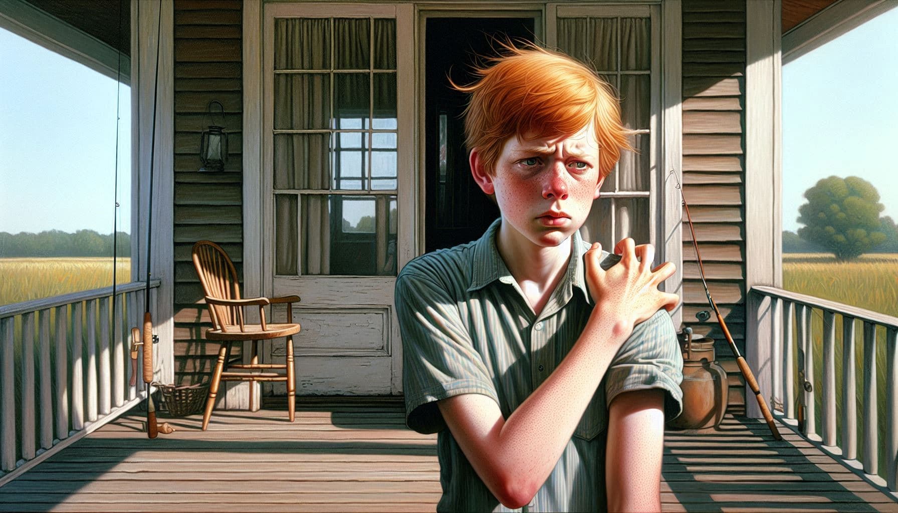 AI generated: edward hopper-style image of a 16 years old boy with orange bob hair:2 ::1 face freckles:1, scratchi...