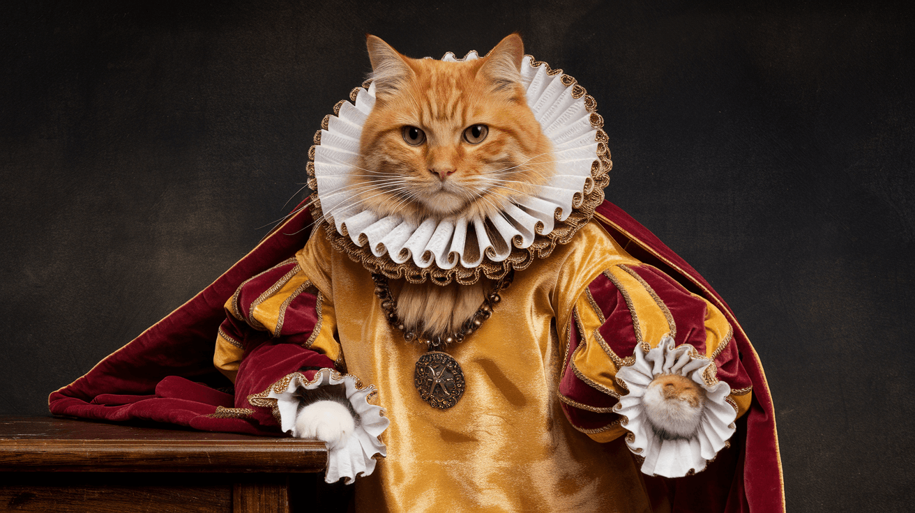 AI generated: Cat,orange tabby,renaissance costume,ruff collar,golden robe,studio portrait,noble demeanor,detailed...