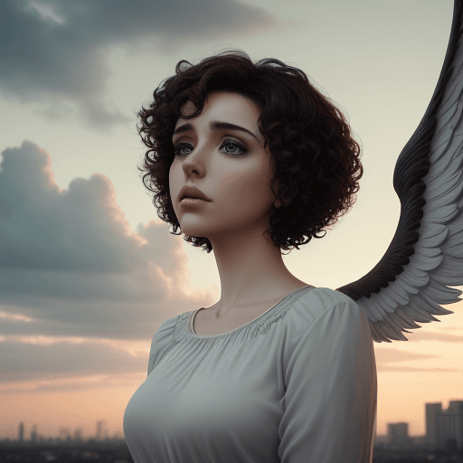 AI generated: angel, 25-year-old woman, brunette, short curly hair, bored, with the sky in the background and ange...