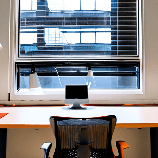 AI generated: Spacious office with frontal view, Herman Miller Aeron chairs, Artemide Tolomeo desk lamps, captured...