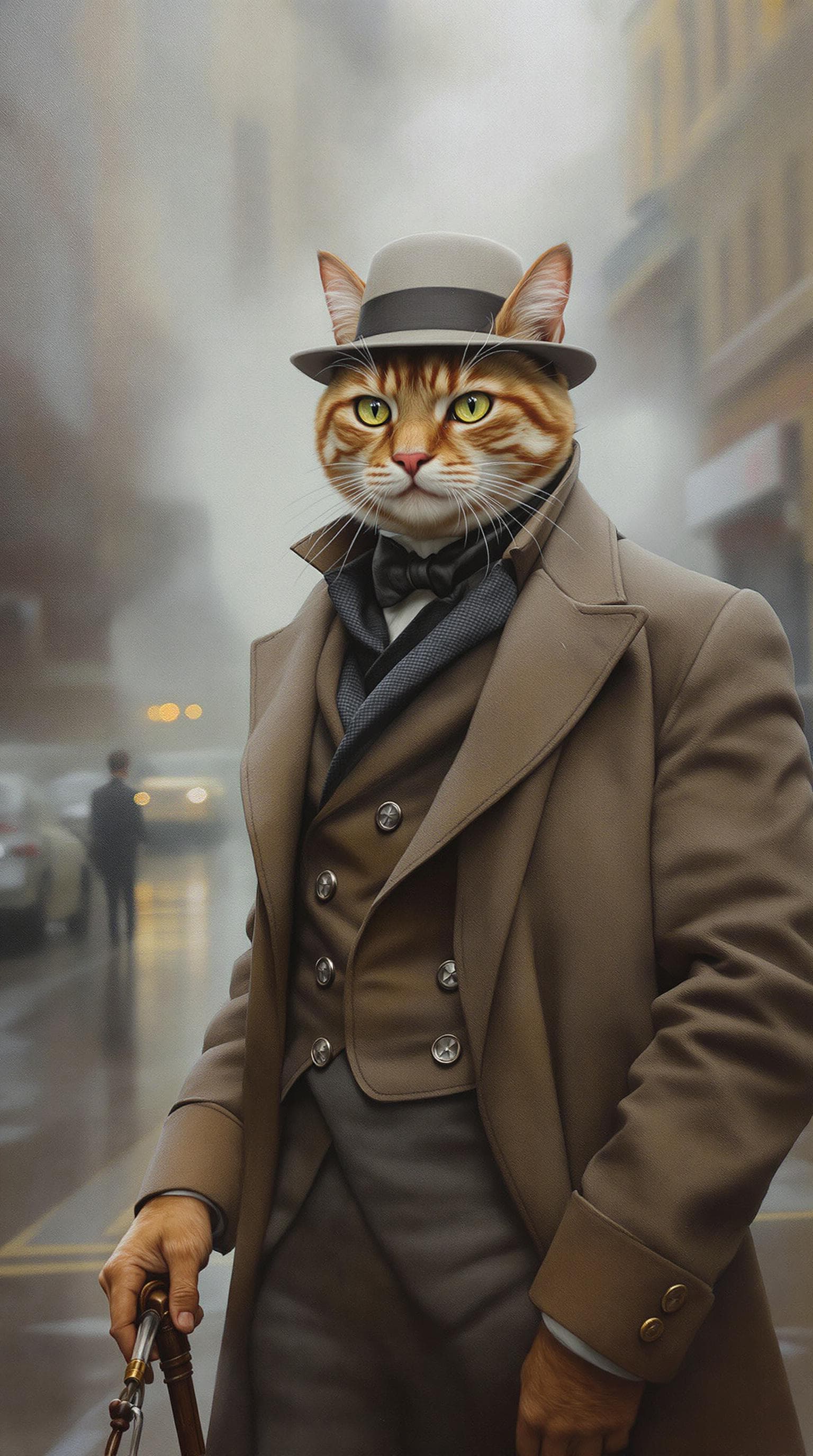 AI generated: a cat dressed as Tommy Shelby from Peaky Blinders, standing in the foggy streets of Victorian London...